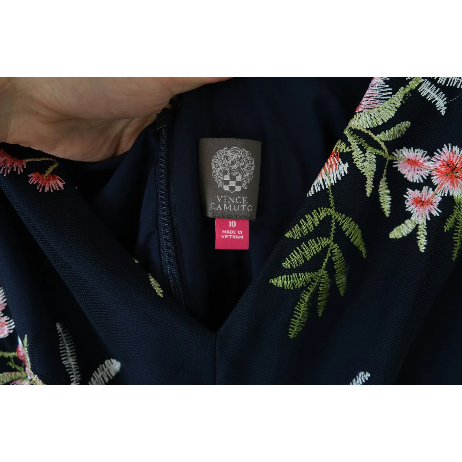 Vince Camuto Embroidered Floral Mesh Navy Pink Midi Fit Flare Tank Dress W 10 - Image 8