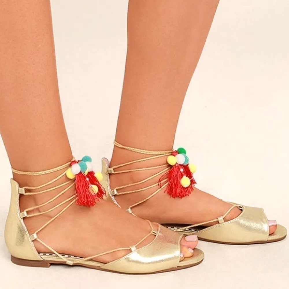 BETSEY JOHNSON 𝅺Abree Gold Lace-up Pom-Pom Sandals - Image 3