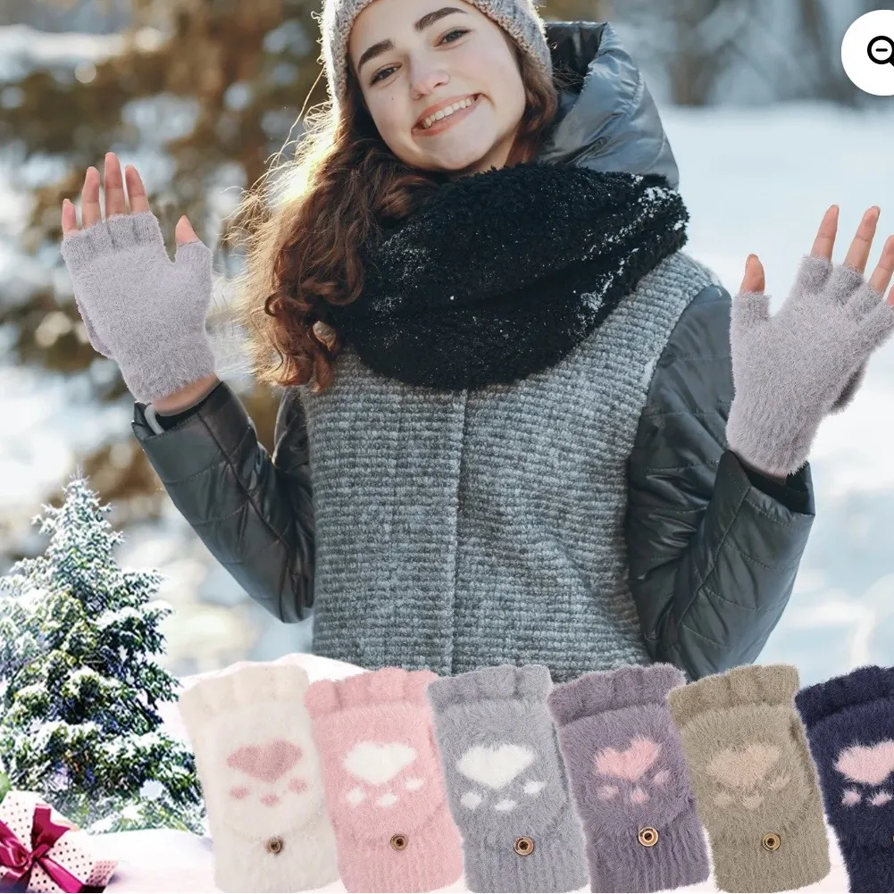 Navy and Pink Cozy Fingerless Gloves with Paw Print - Image 3