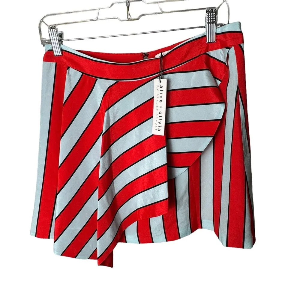 Alice + Olivia Nicky Asymmetrical Draped Mini Skirt Pinstripe Cherry Size 10 New - Image 6
