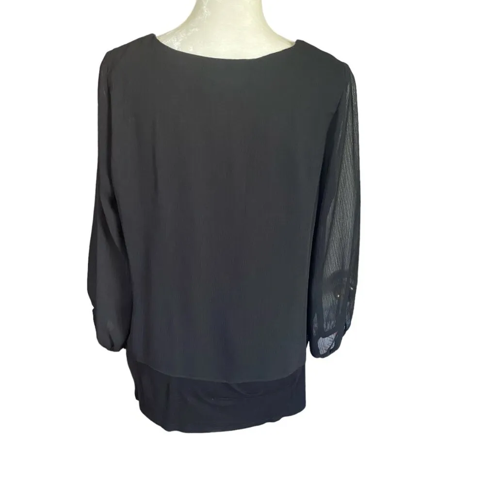 women's black v-neck long sleeve pullover blouse tank style sheer overlay - Image 4
