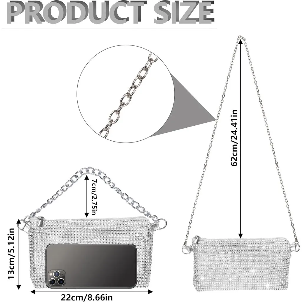 ⚡ Women's Evening Rhinestone Glitter Sparkly Banquet Crossbody Clutch Bag Silver - Image 3