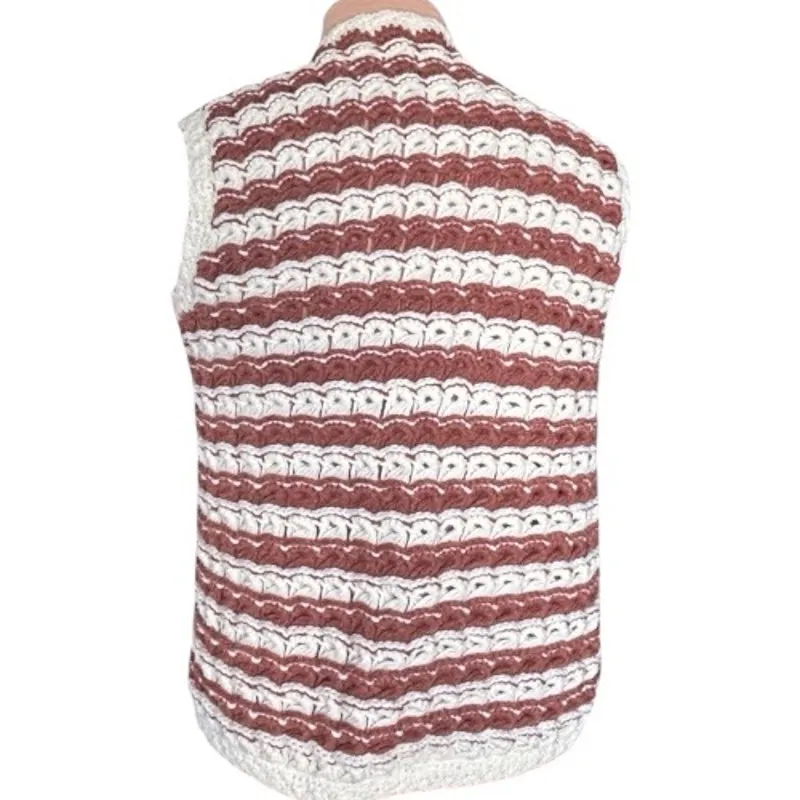 Vintage Handmade Crochet Vest Brown Cream Striped Chunky Knit Boho Layer Cozy Size M - Image 4