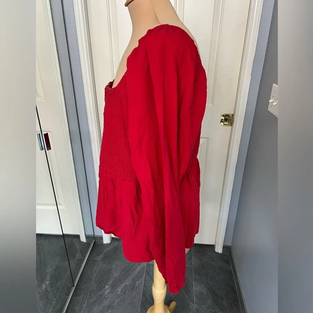 Red‎ Smocked Crepe Babydoll Milkmaid Long Sleeve Peasant Top - Image 6