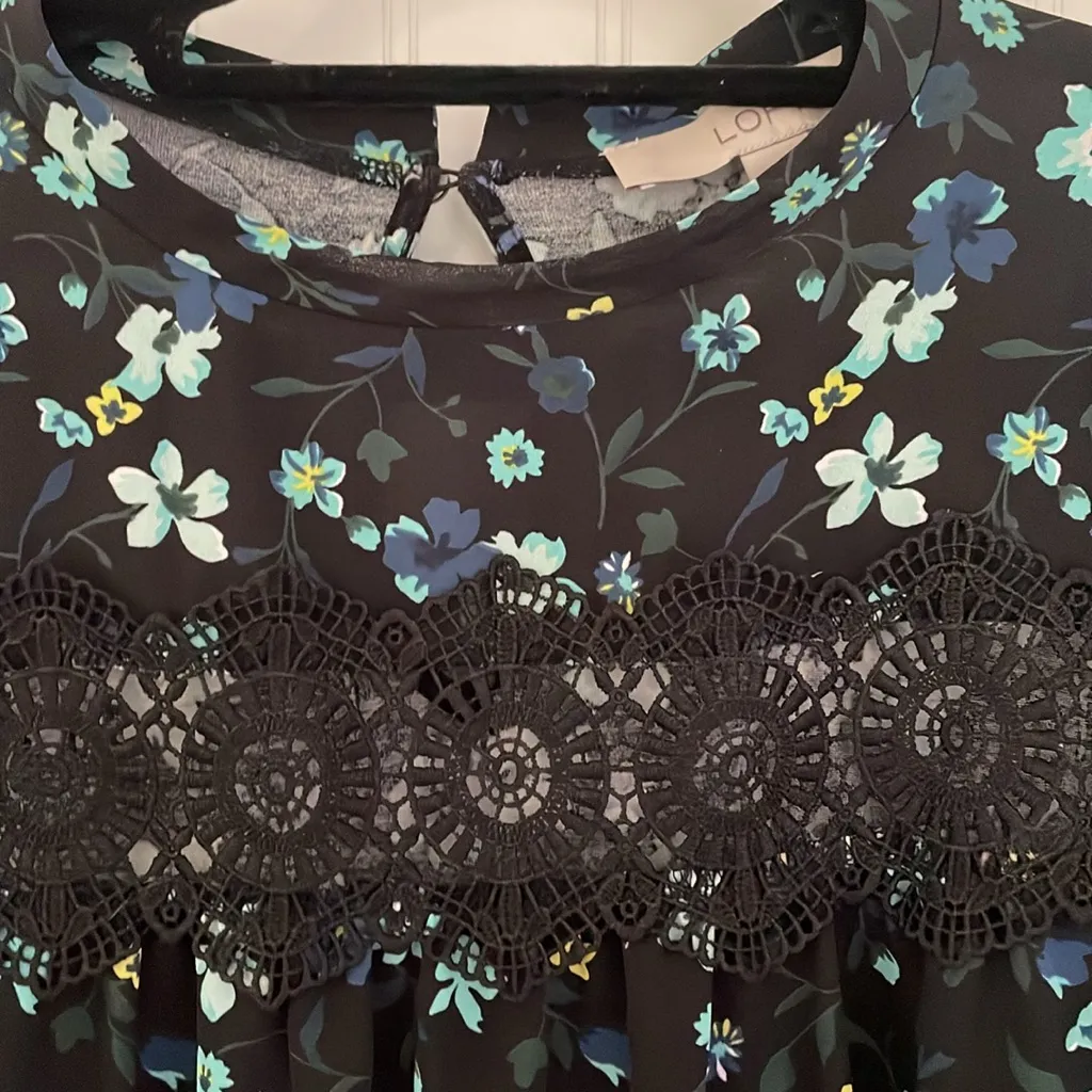 Loft Mixed Media‎ Dark Floral Lace Wide Flutter Sleeves Oversized Boho Navy S - Image 3