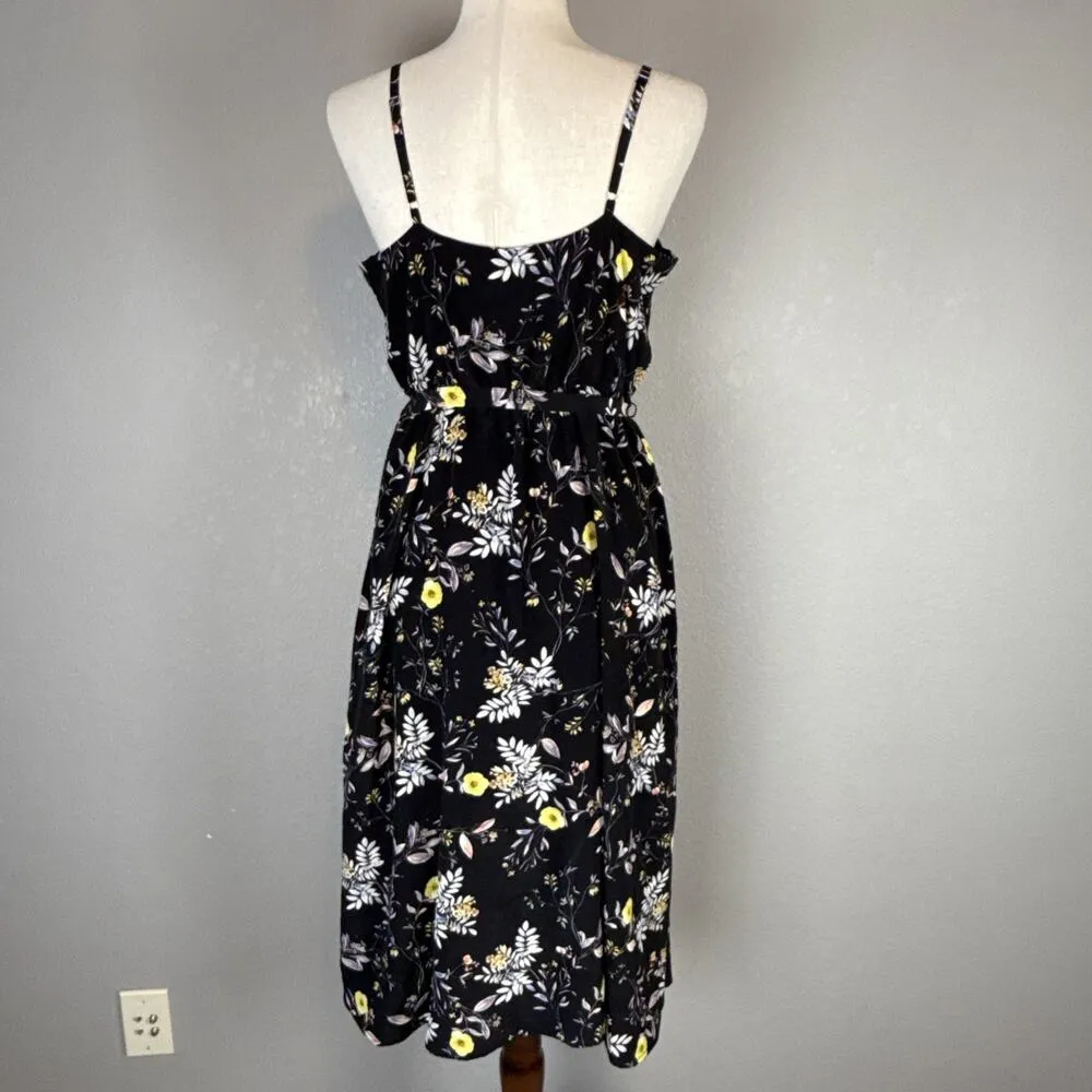 Amour Vert Varden Sleeveless Wrap Midi Dress Size L Black Floral Washable Silk - Image 5