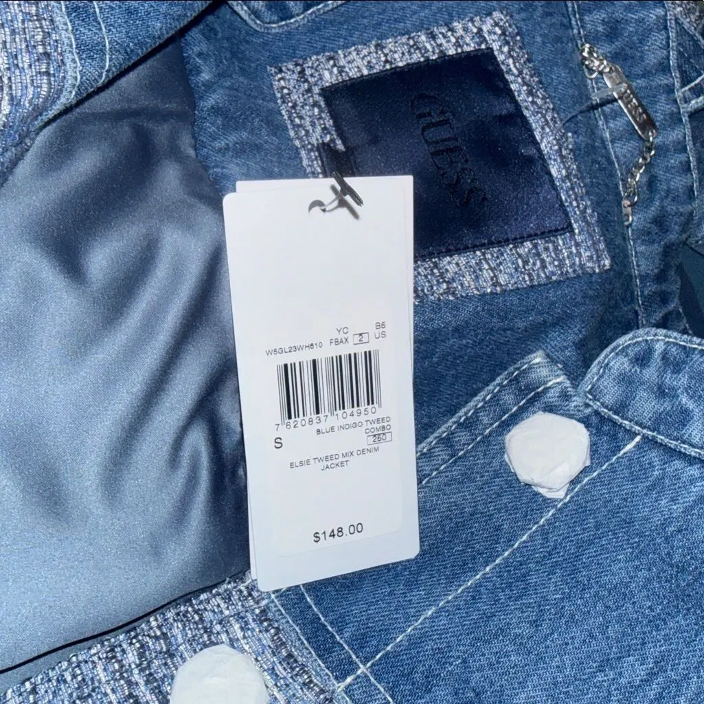 NWT $148 GUESS  Elsie Tweed and Denim Jacket Color: blue indigo tweed combo S - Image 10