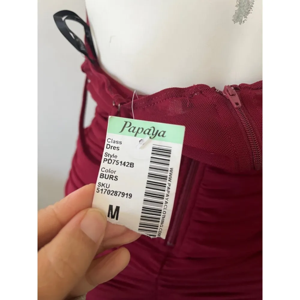 NWT Papaya Burgundy Wine red V neck strappy lace front sheer bandage dress M - Image 6