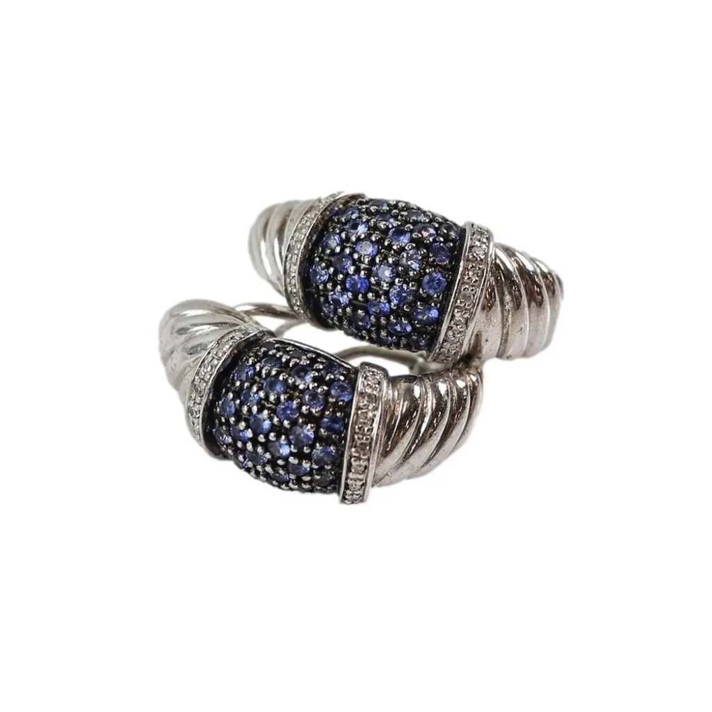Blue Sapphire Diamond Accented Omega Back Sterling Silver Cable Design Earrings - Image 5
