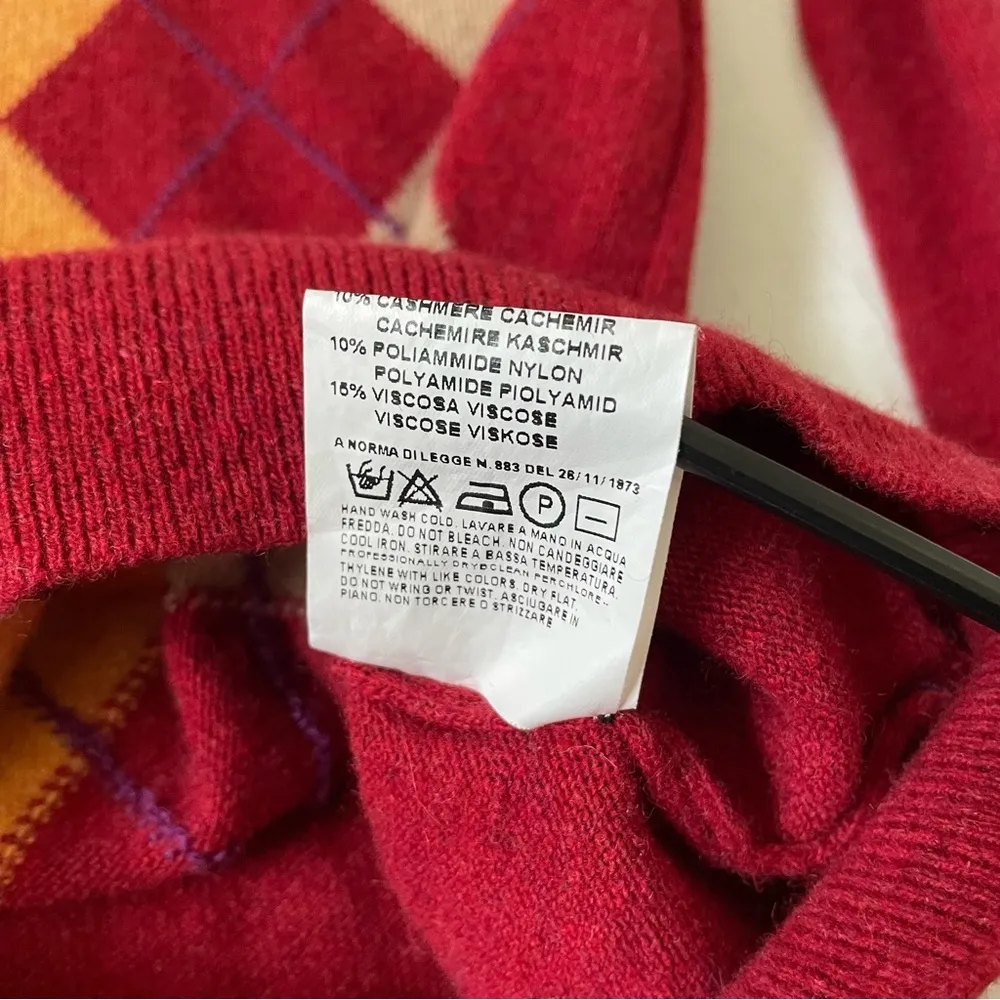 Ferre Ittierre Argyle Diamond Fall Color Thanksgiving Wool Cashmere Sweater L Red Size L - Image 5
