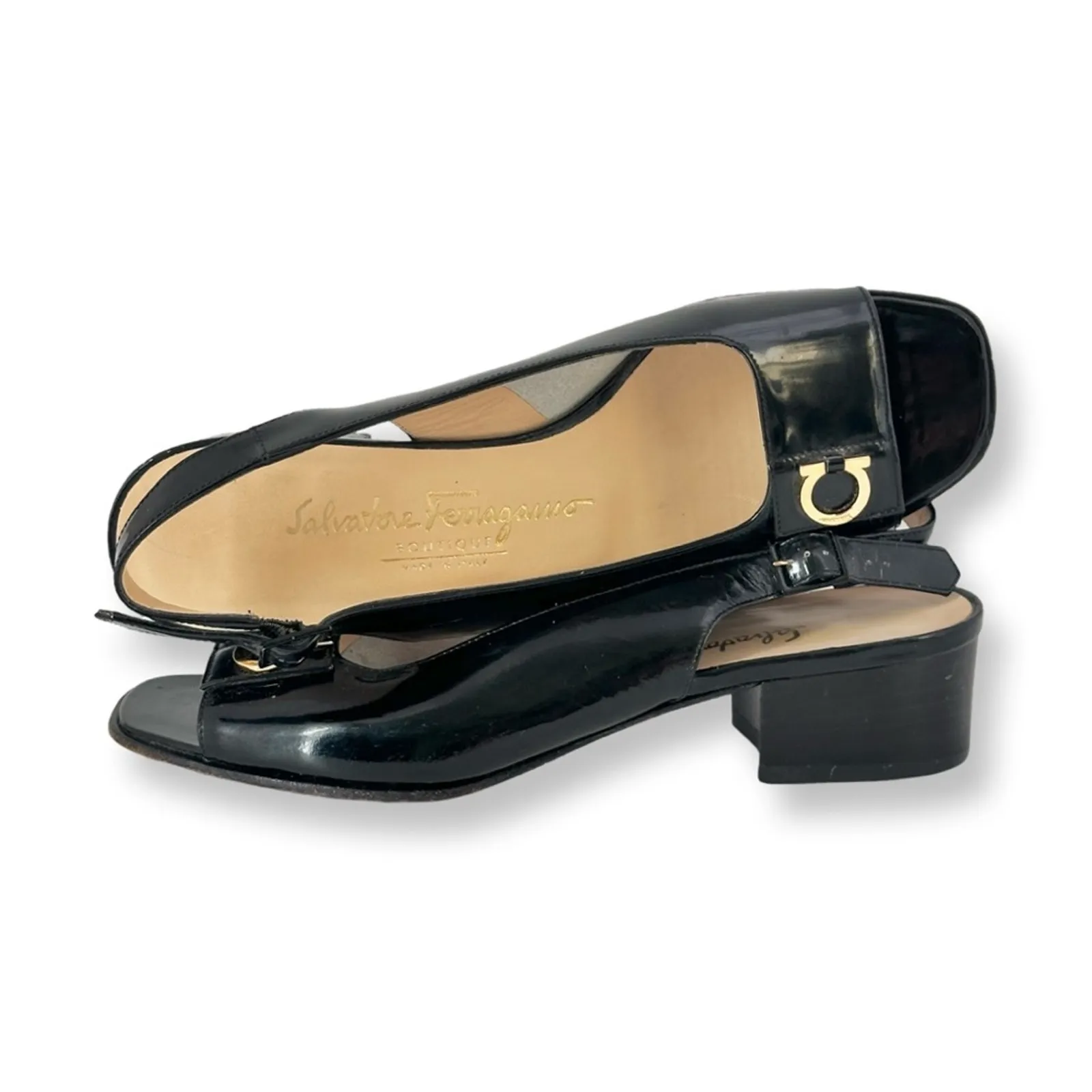 Salvatore Ferragamo Vintage Patent Leather Open Toe Mule Sling Back Sandals - Image 2