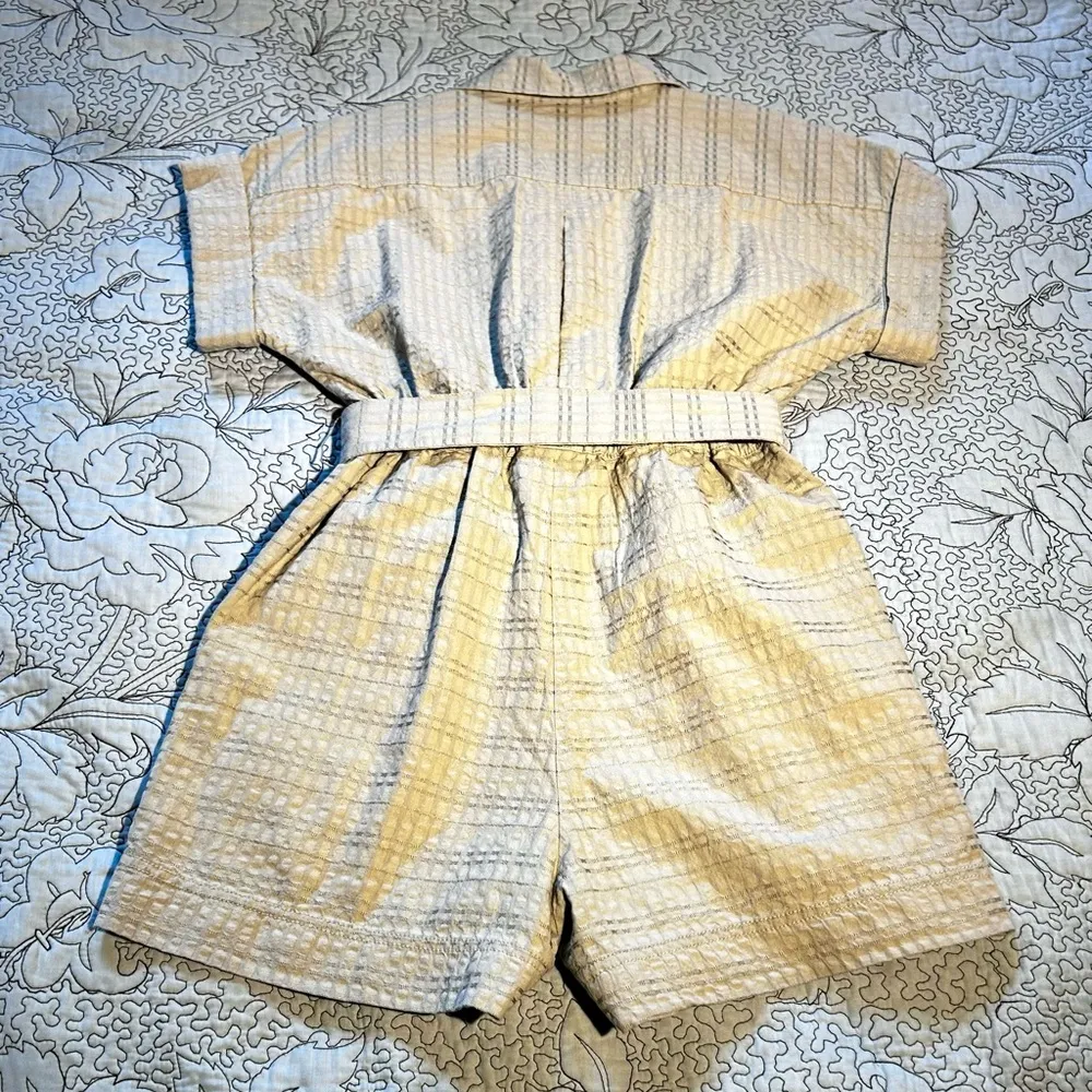MADEWELL Seersucker Camp Romper Button Front Split Collar Pockets Tie  Sz CS - Image 8
