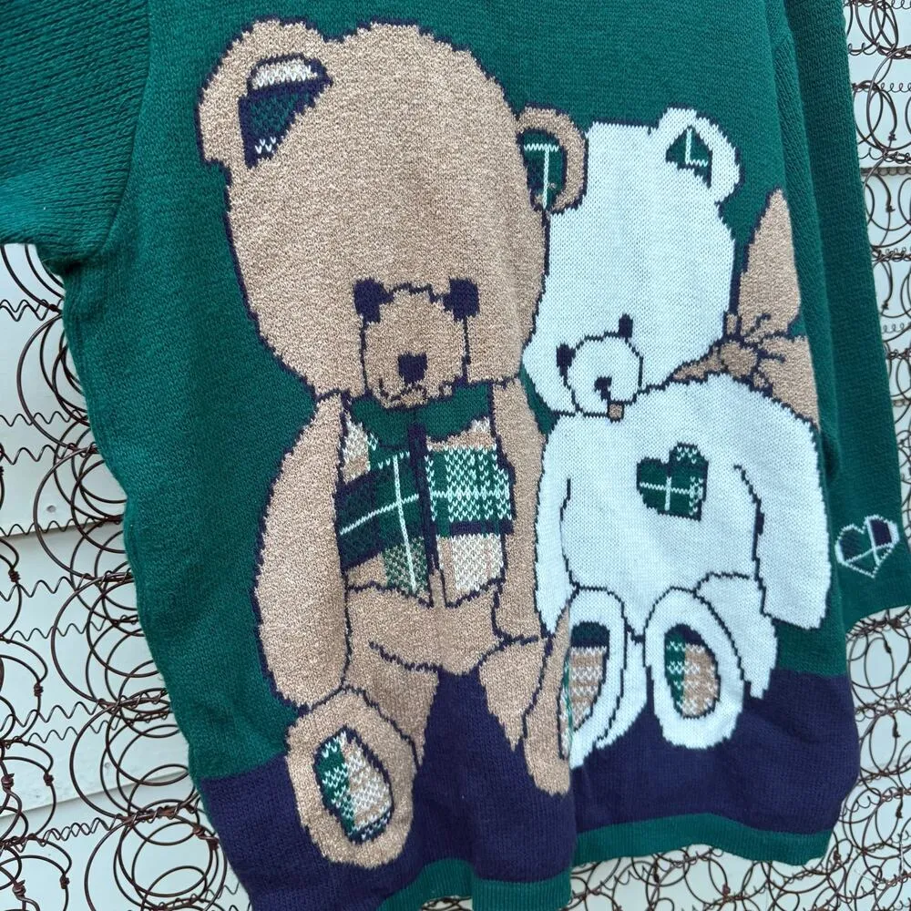 Vintage 80s 90s Maggie Lawrence Teddy Bear Sweater Green Plaid Crewneck XL? - Image 3