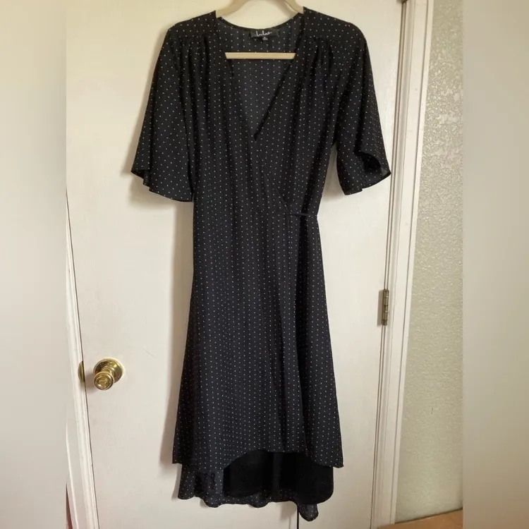 Lulu's Farah Black & White Polka Dot High Low Wrap Midi Dress #Gr - Image 2