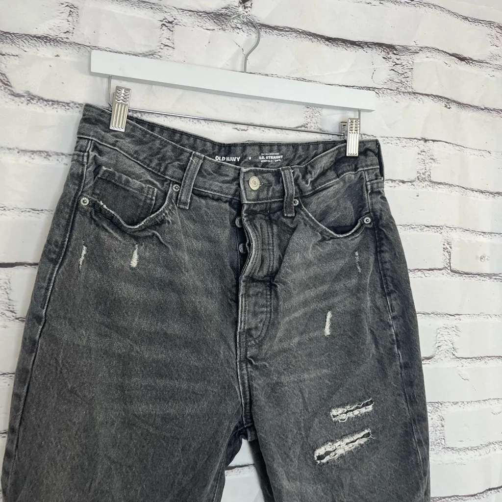 Vintage Y2K Old Navy Extra High Rise Straight Leg Jeans Dark Grey Distressed 8 - Image 3