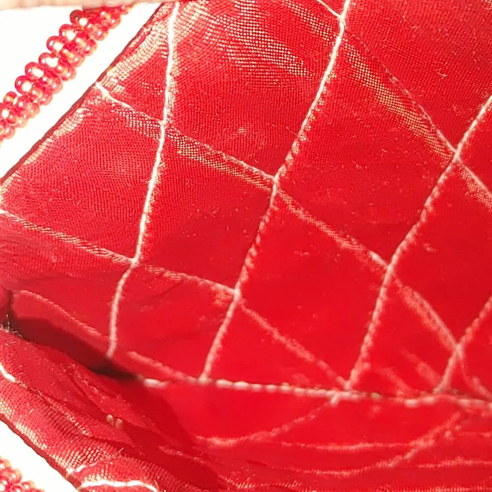 Vintage Beaded Purse Floral Heart Design Cream Red Beads Quilt Interior Zipper - Image 5