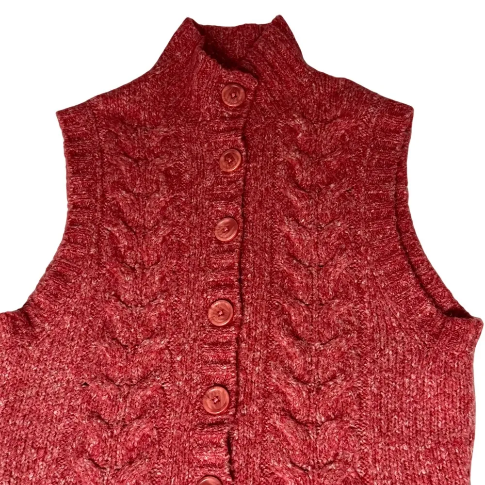 L.L.Bean Mock Neck Sweater Vest Button Front cableKnit Sleeveless Top XS Reg Red - Image 2