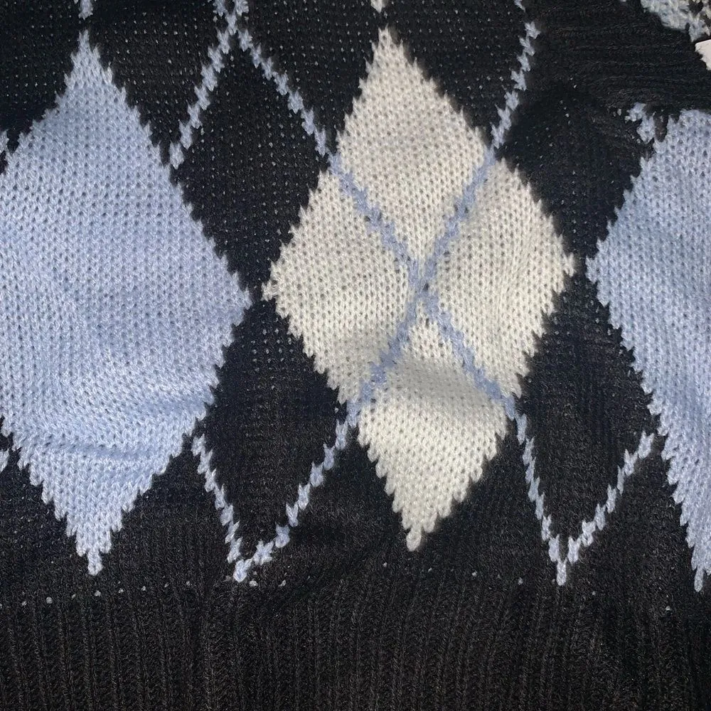 Just Polly Fringe Blue Argyle Plaid Sweater Black Size M - Image 2