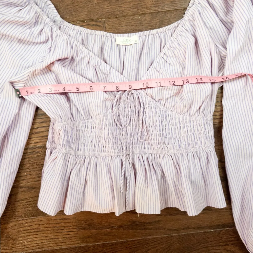 POV Striped Peasant Blouse Top M • Puff Sleeve • Smocked Waist • Lavender Purple Size M - Image 5