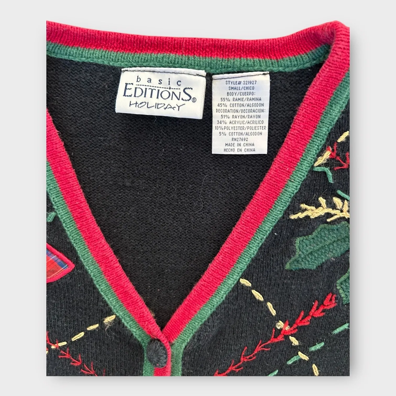 Vintage Holiday Christmas Cardigan Sweater Plaid Basic Editions Women's sz Small Black - Image 5