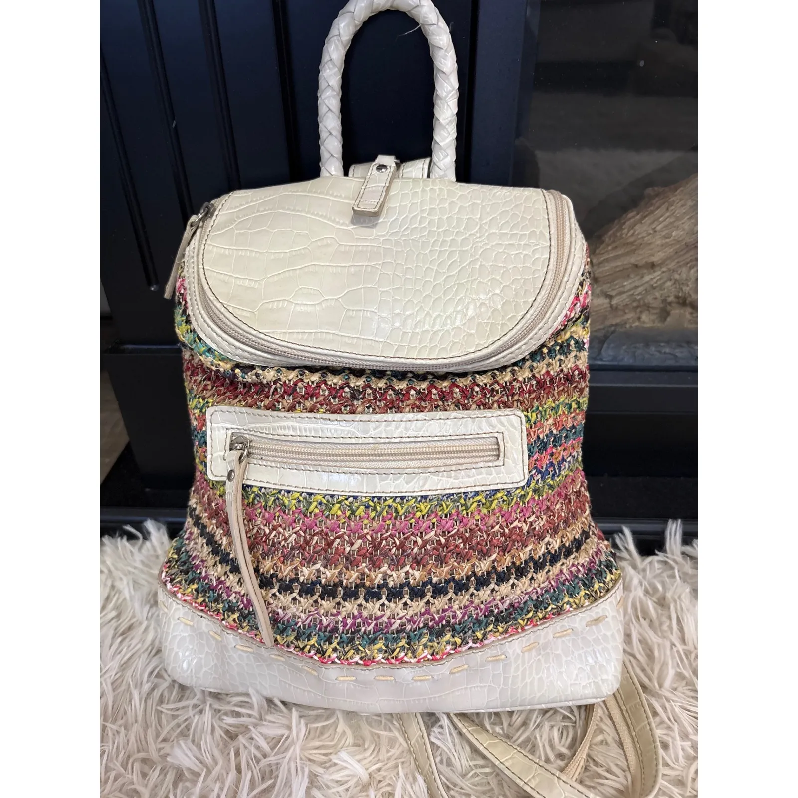 Crazy Horse Woven Crochet Backpack Cream Faux Croc Trim Top Handle Zip Front White - Image 2