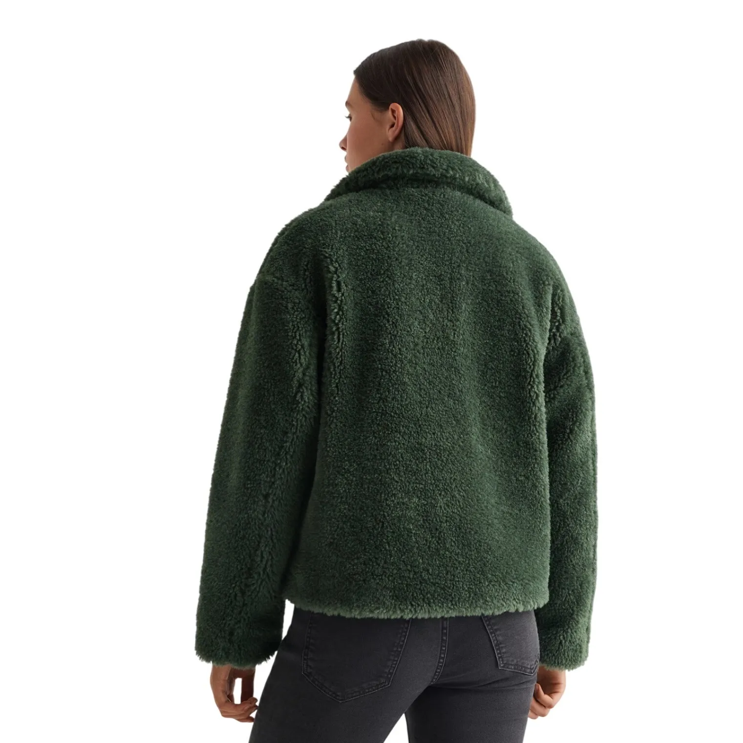 MNG Casual Faux Fur Coat Teal Green Oversized Collarless Jacket XS - Image 8