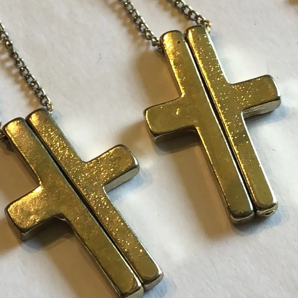 Gold Tone Boho Cross Dangle Brass Tone Mesh Earrings - Image 3