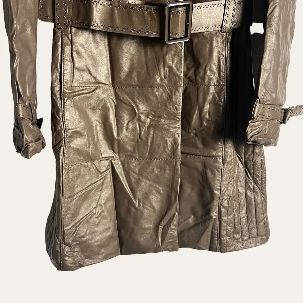 Vintage Bronze Brown Sheepskin Leather Fur Collar Belted Coat Size M Size M - Image 7