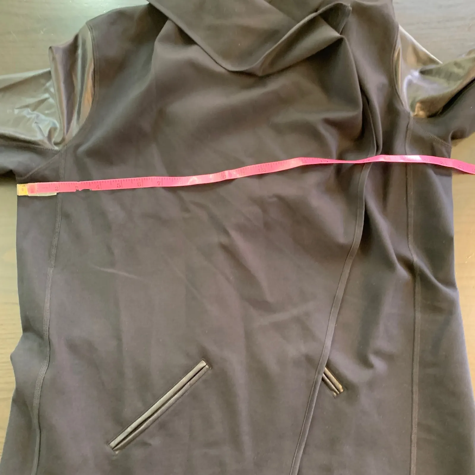 Spanx Black Wrap Drape Faux Leather Sleeve Statement Jacket Coat Size L / G‎ - Image 8