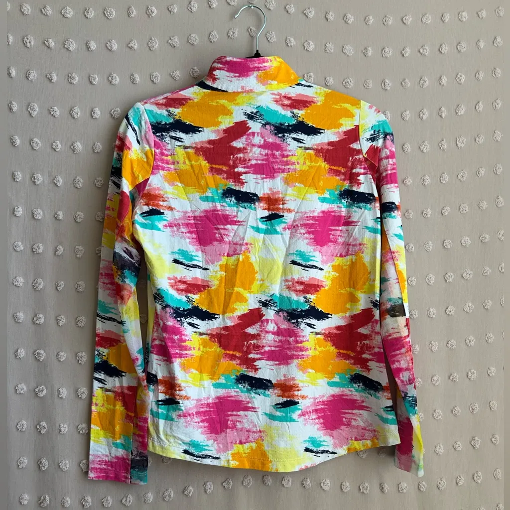 IBKUL Women’s Mock Neck Long Sleeve Sun Shirt Paint Stroke Abstract Sz S Pink - Image 2