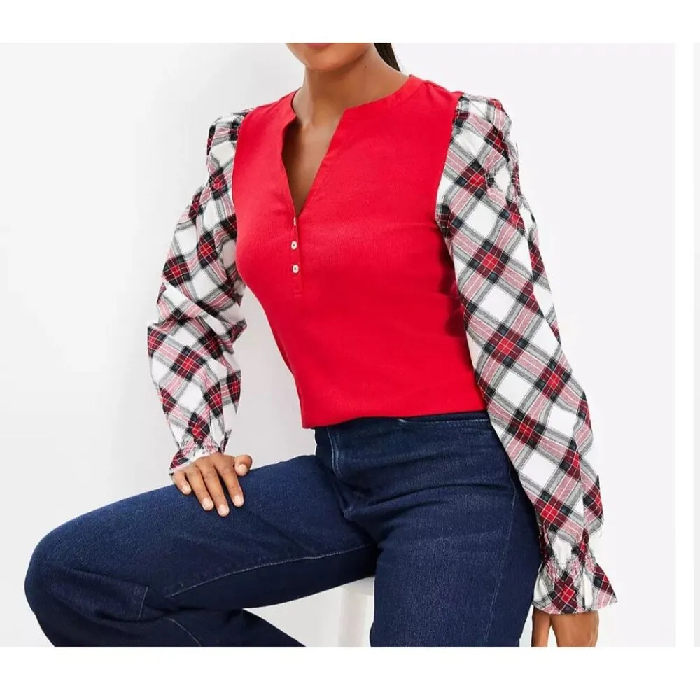 LOFT Women’s Ribbed Henley Red Plaid Mixed Media Puff‎ Shirred Ruffle Sleeves S - Image 3