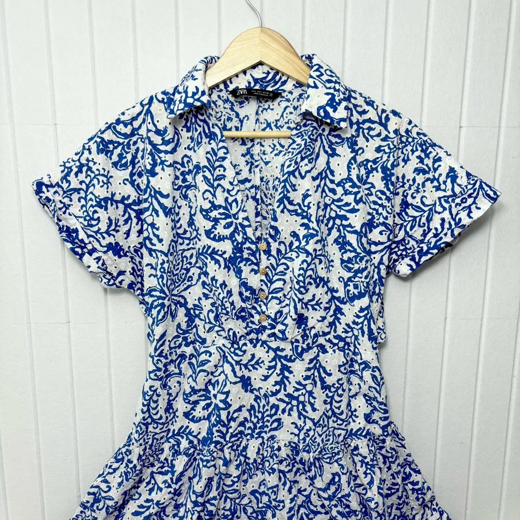 Zara OPENWORK EMBROIDERY MIDI White and Blue‎ DRESS Size L - Image 4