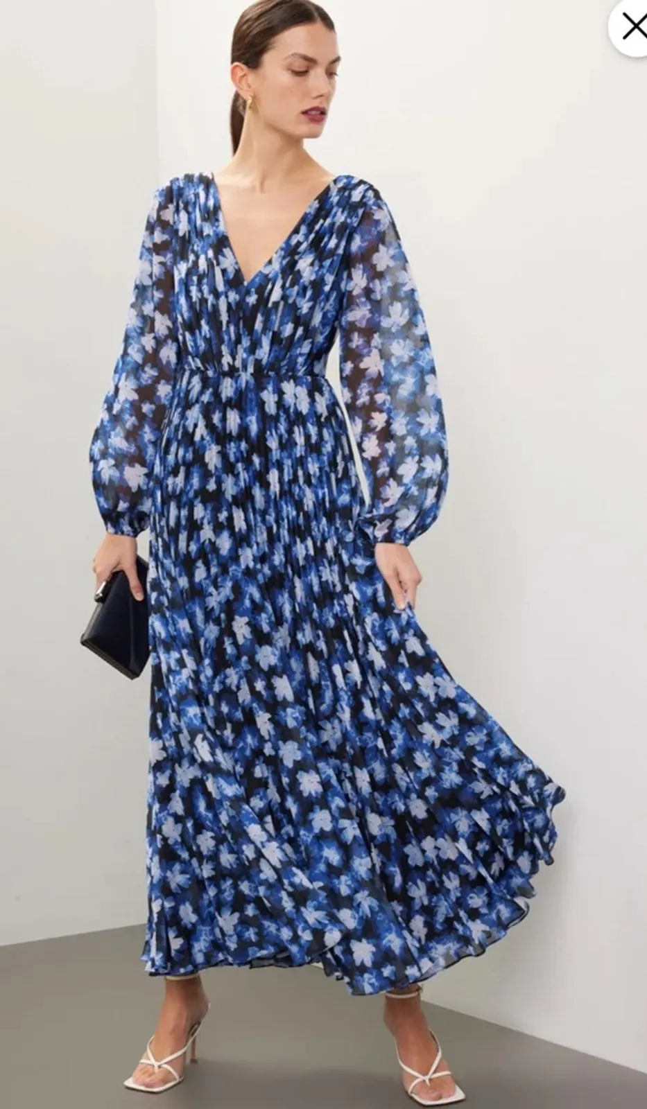 RTR ML Monique Lhuillier Melanie Black White & Blue Floral Maxi Dress Sz 10 - Image 1
