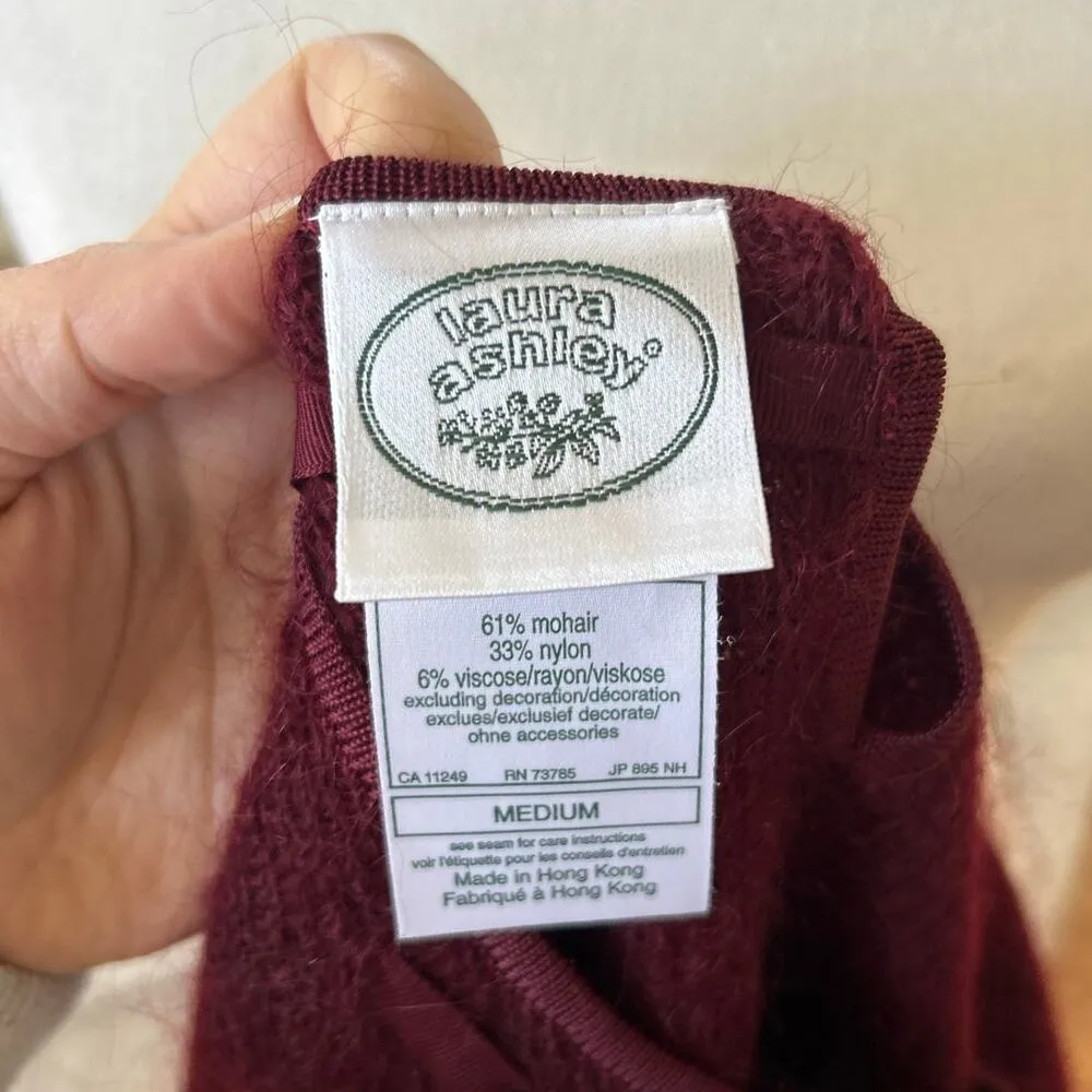 Vintage 90s Laura Ashley Burgundy Red Mohair Ribbon Trim Sweater - Image 2