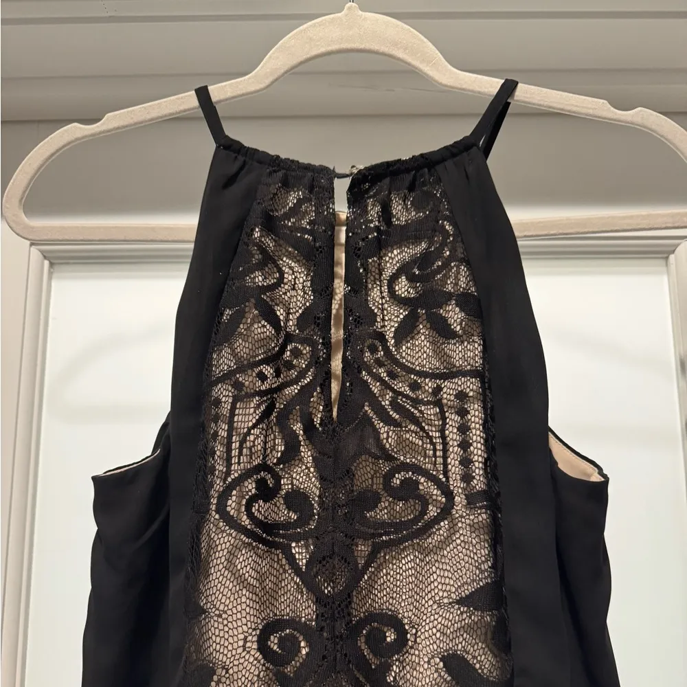 London Times Black Nude Lace Chiffon Halter Maxi Evening Gown – Size 6 - Image 7