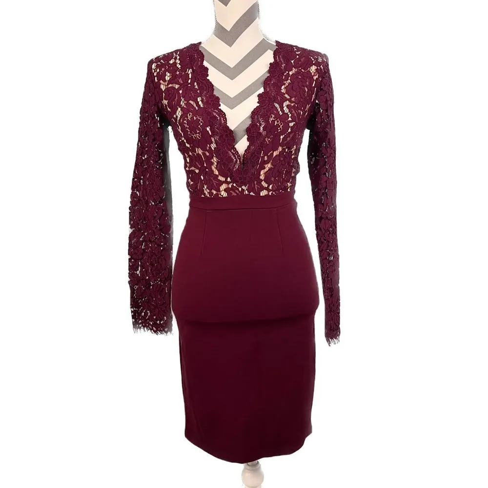 Lulus Swoon-er or Later Burgundy Long Sleeve Lace Dress - Size S - Image 3