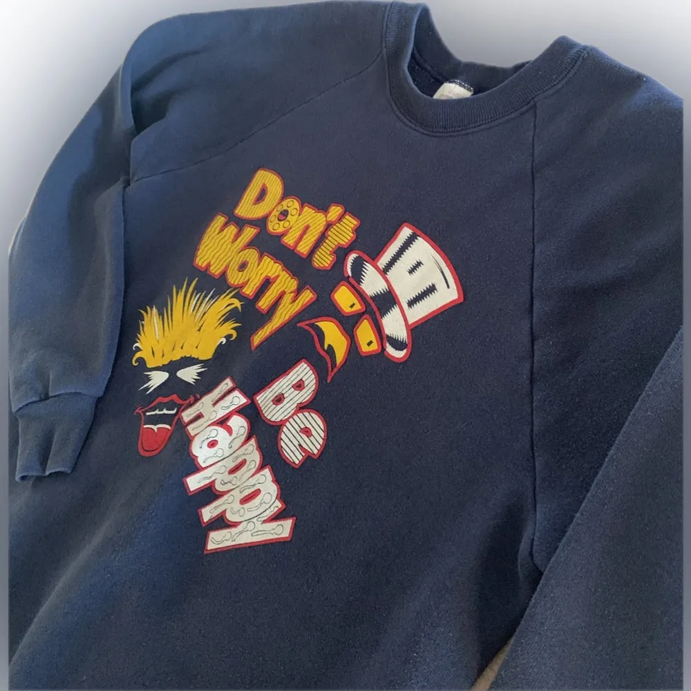 Vintage Don’t Worry Be Happy Crew Neck Sweatshirt Fleece USA Graphic Large Blue - Image 4