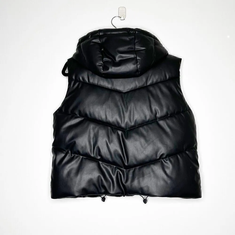 Zara Faux Leather Full Zip-Up Black Hooded Puffer Gilet Jacket Women's Size XS - Image 8