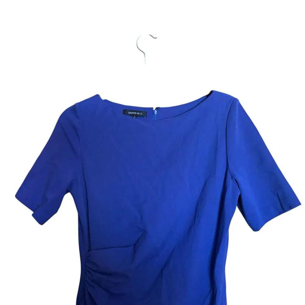 Lafayette 148 New York Sheath Dress Womens 8 Blue Ruched Short Sleeve Cocktail - Image 2