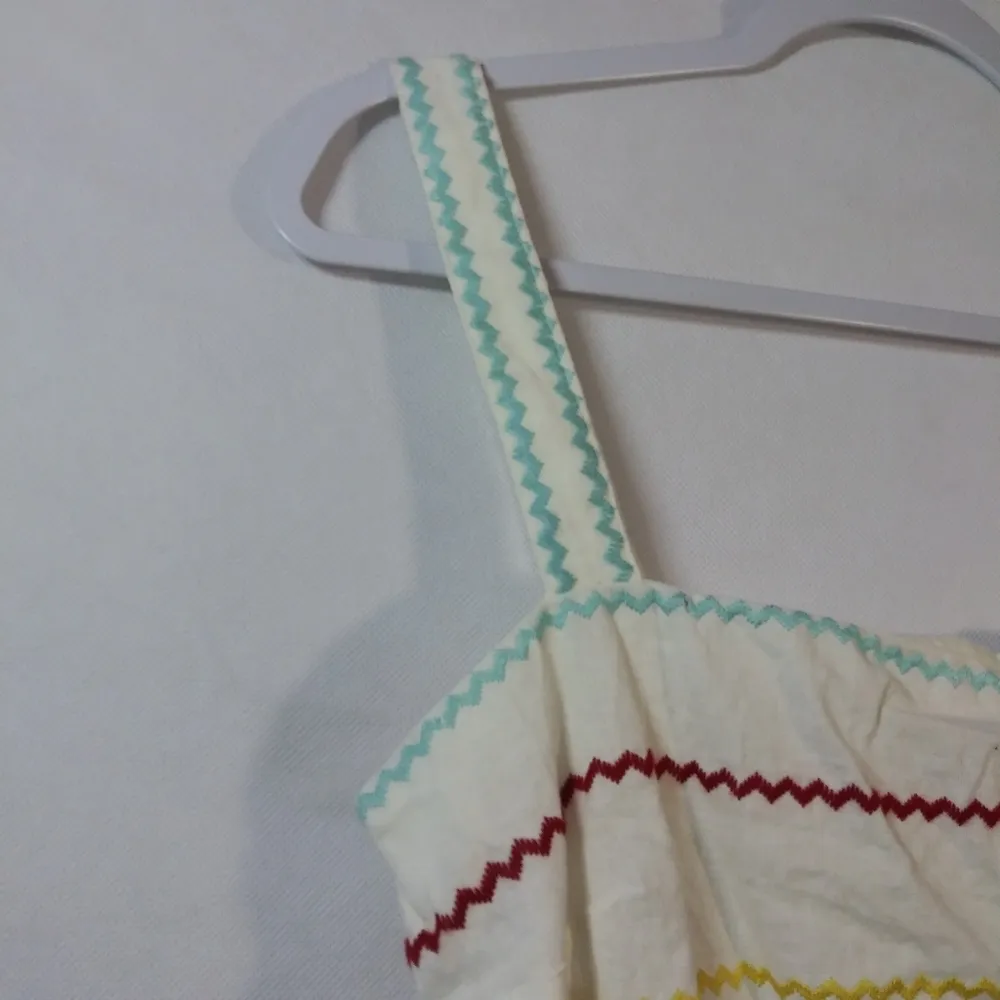 Forever 21 Rainbow White Ric-rac Trimmed Cotton Linen Ruffle Top Size L - Image 3