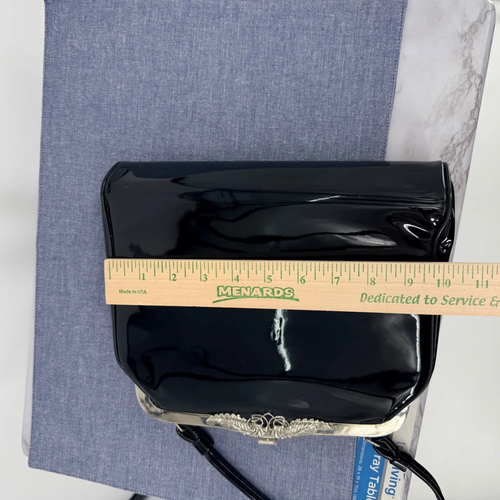 Vtg Black Patent Kiss Lock Handbag Ornate Silver Clasp Evening Bag Formal MCM - Image 7