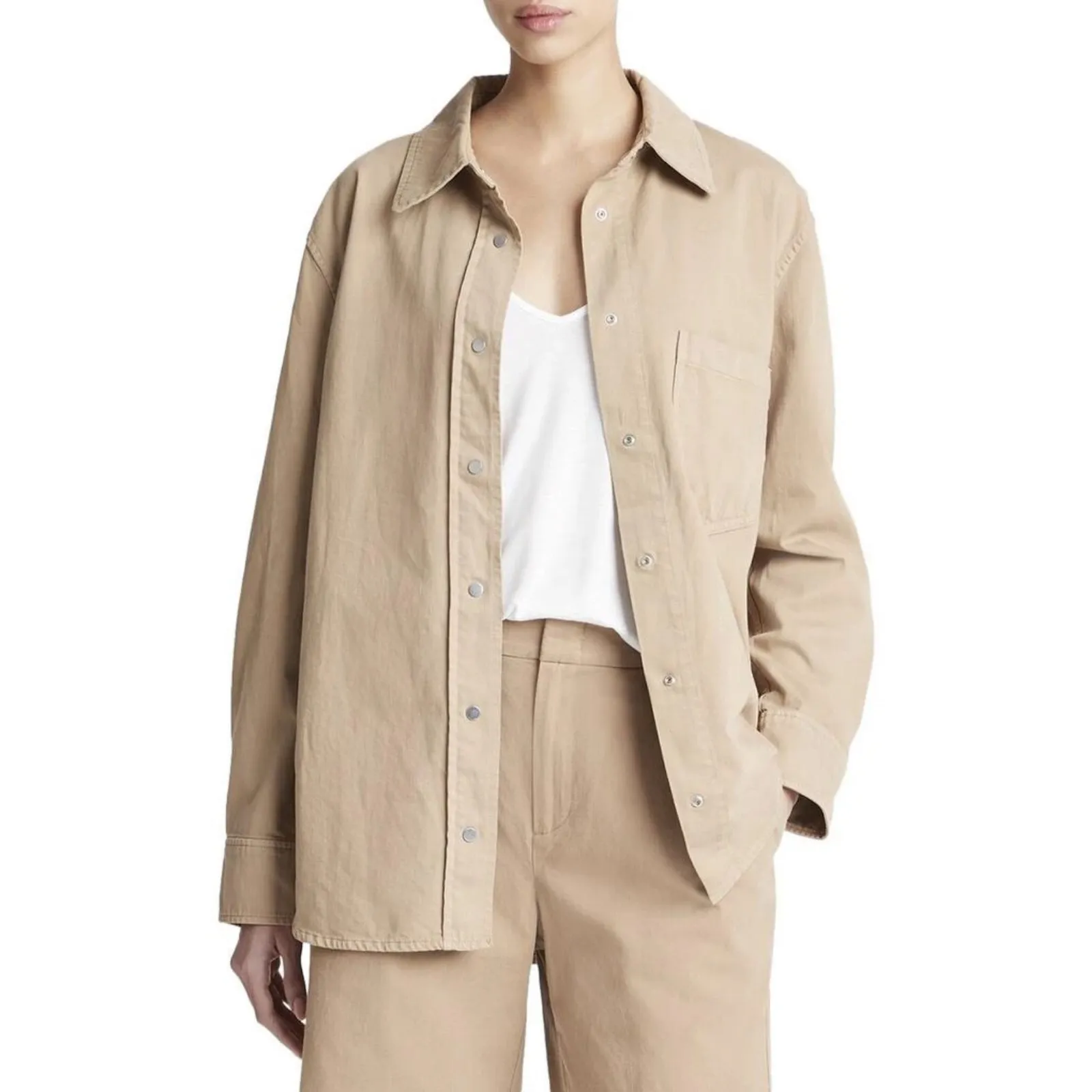 Vince New! ‎ Beige Snap Front Twill Overshirt Medium $425 - Image 5