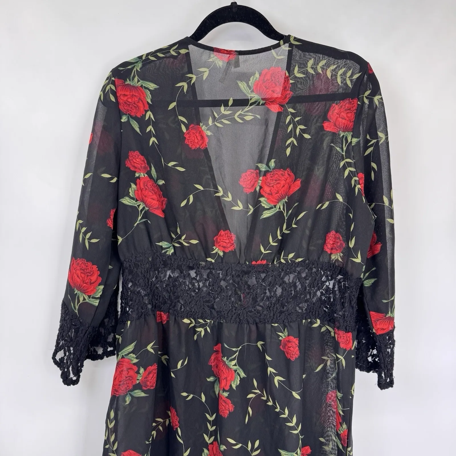 Live 4 Truth Kimono Womens L Black Red Rose Lace Dark Romantic Vamp Whimsigoth - Image 8