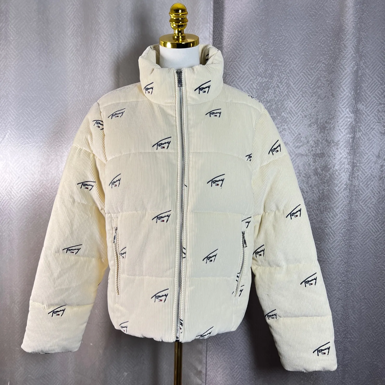 Tommy Jeans Corduroy Puffer Jacket Cream All Over Logo Embroidered Size M White Size M - Image 5