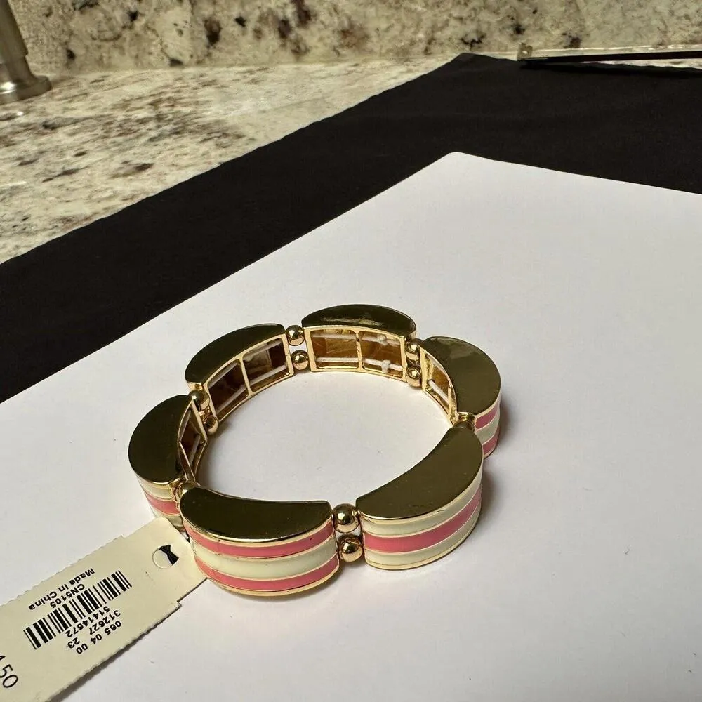 Talbots Stretch Bracelet 6 3/4 Inch Gold Tone Pink & Ivory Enamel - Image 2