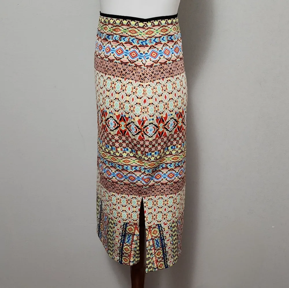 Bisou Bisou Orange Multicolored Aztec Side Slit Scuba Pencil Skirt Size XL - Image 5