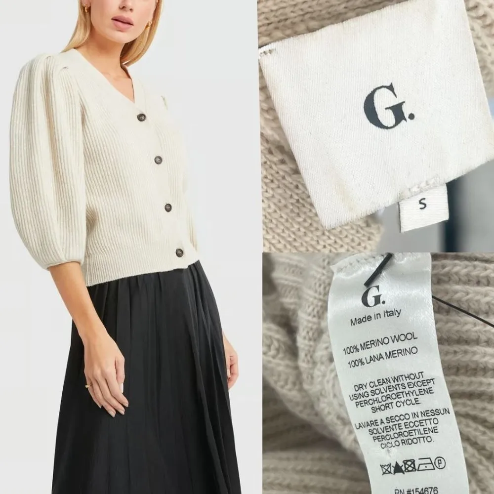 G. Label by GOOP Foster Ribbed Puff Sleeve Cardigan Sweater Ivory Merino Wool - Image 11