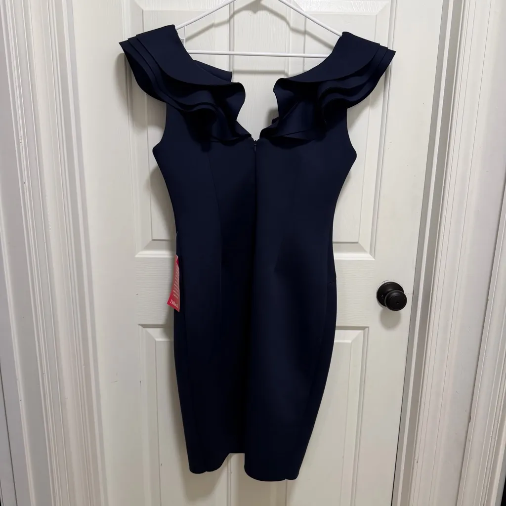 Eliza J Scuba V-Neck Ruffled Cap Sleeve Sheath Dress Navy Size 14 - Image 4