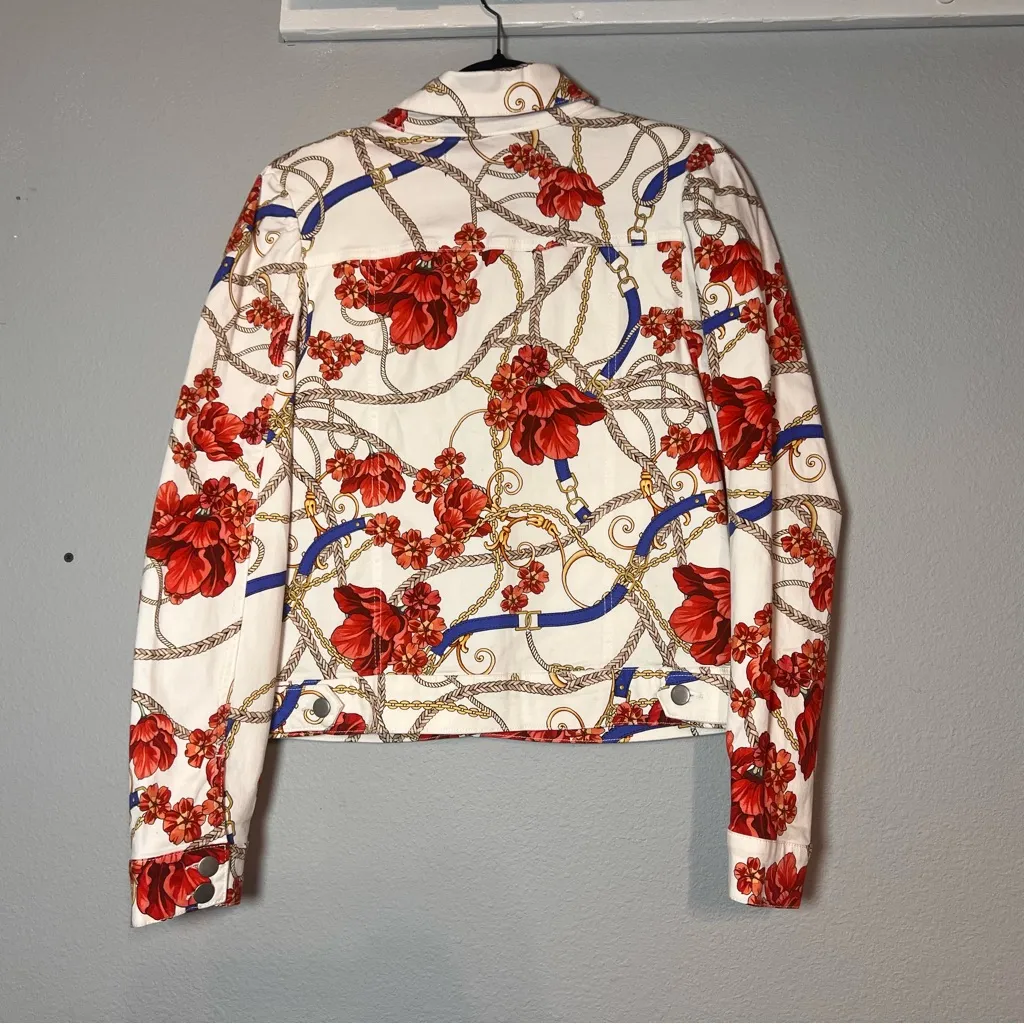 Boston Proper Denim Jacket Floral Status Print Puff Sleeve Size Medium - Image 8