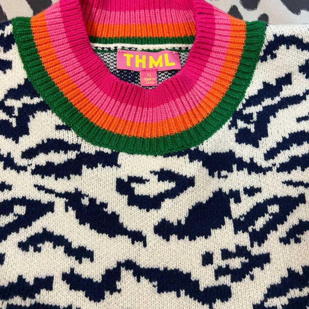 Anthropologie THML Navy Leopard Rainbow Stripe Sweater | XL | 🐆✨🌈 - Image 7
